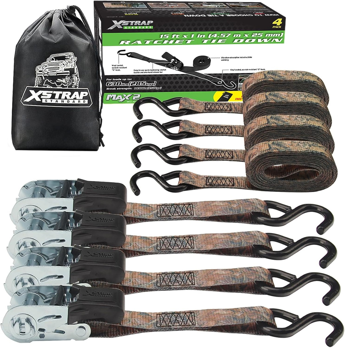 XS11220-Camouflage 4 Pack 1" x 15FT Ratchet Tie Down Straps, Motorcycle Straps, 1890Lbs Break Strength, Abrasion-Resist Webbing with Coated S Hook for Moving Appliances Lawn Equipment ATV Truck, Camouflage