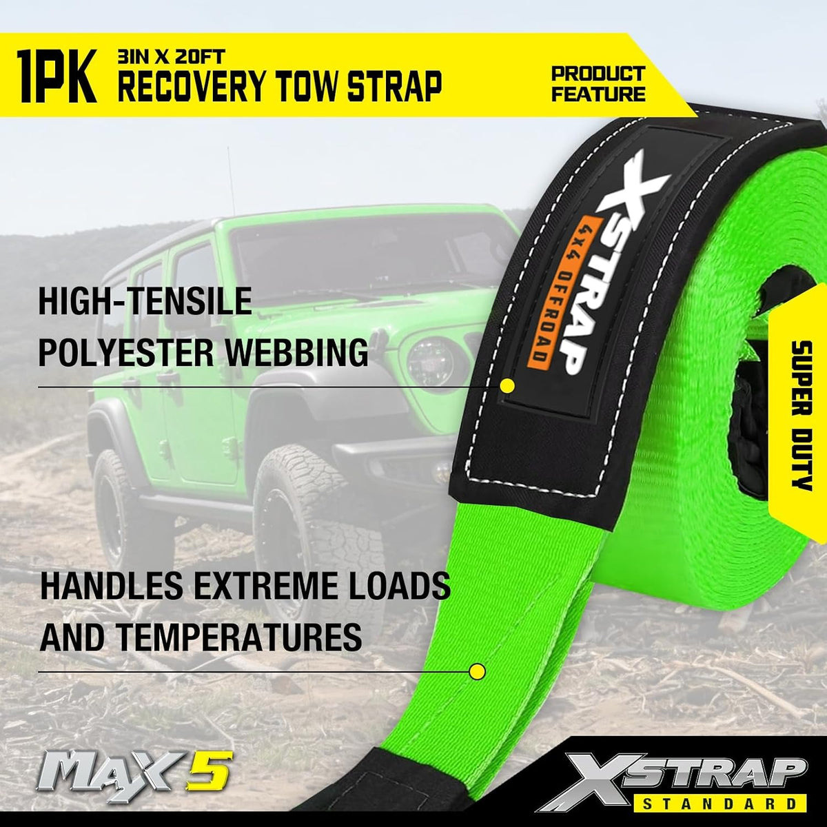 XS61934 Heavy Duty 3" x 20ft Recovery Snatch Truck Tow Strap 30000 Lb Break Strength, Abrasion Sleeve & Triple Reinforced Loops, Emergency Towing Strap for Off-Road, SUV and Jeep