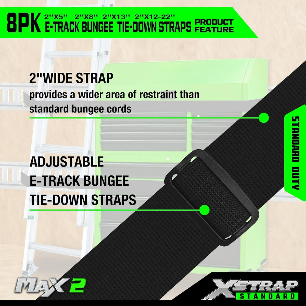 8 Pack E-Track Bungee Tie-Down Straps, Securing Straps Kit 5", 8", 12"-22", 13" Black Adjustable E-Track Straps, Secure Tools/Cargo to Trailer Walls, Trucks, Vans, Garages, Warehouses X63418