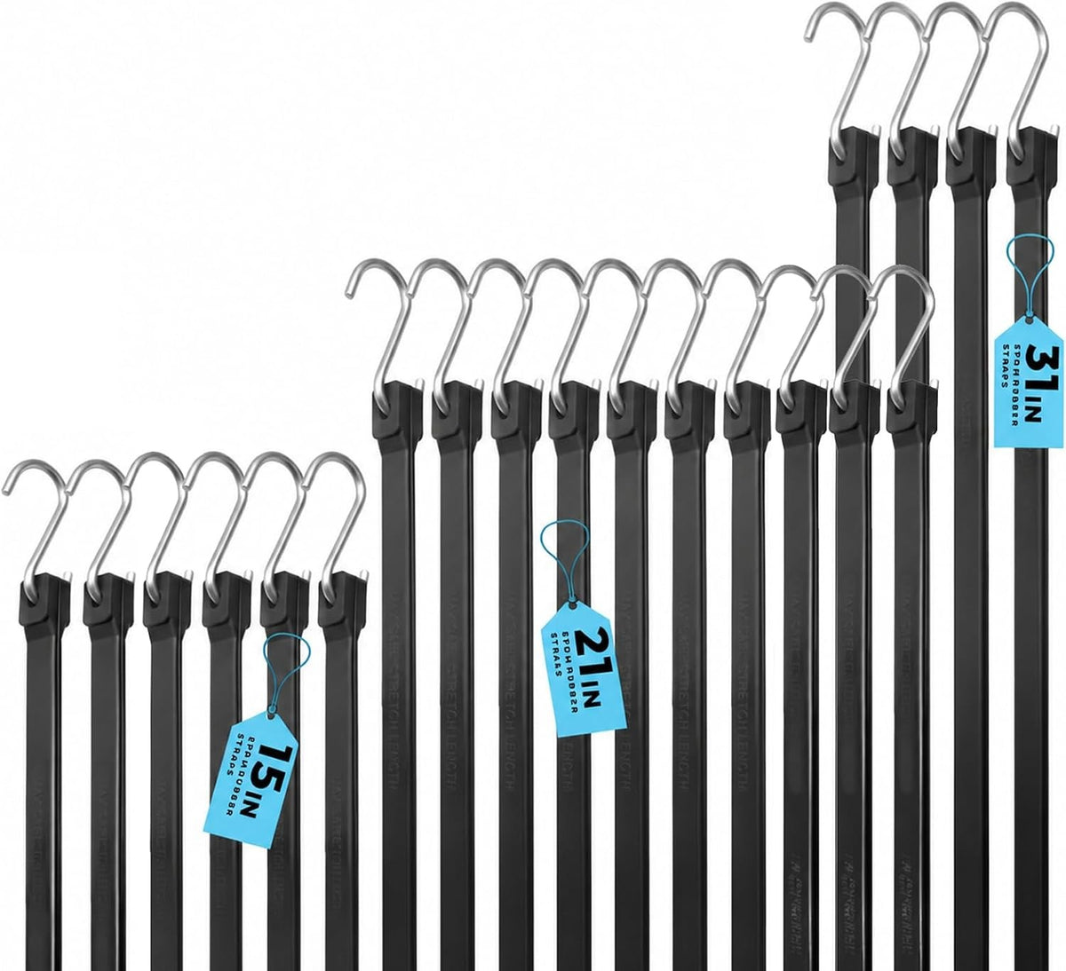 XS35005 Multiple Size Natural Rubber Bungee Cords 20PK Tarp Straps Weatherproof Heavy Duty 100% EPDM 15" 21" 31" Elastic Tie Downs with S Hooks for Securing Camping Flatbed Trailers Canvases
