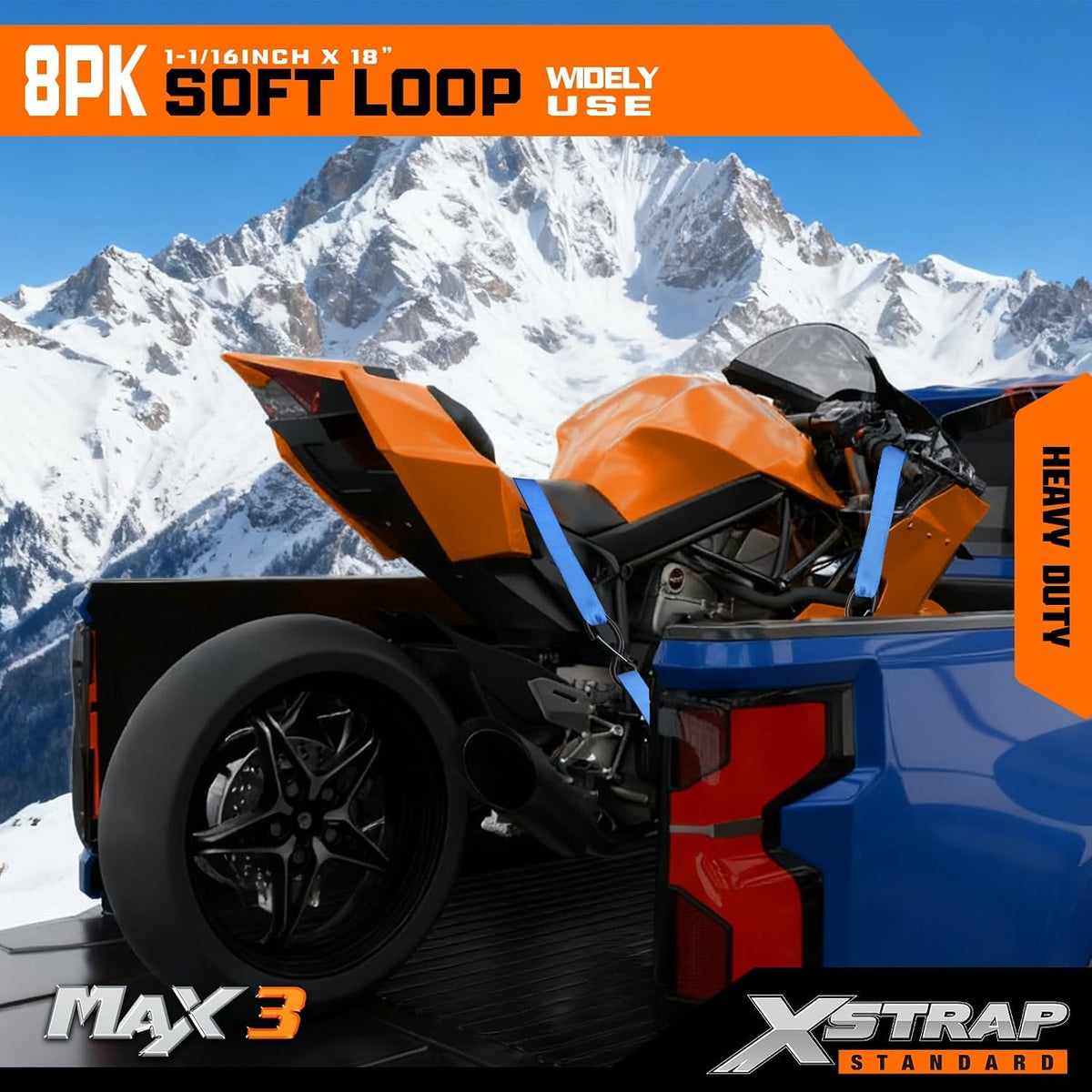 XS16004-Blue 8PK Motorcycle Soft Loop Tie-Down Straps 1-1/16 x 18 inches 3,600LB Breaking Strength, Loop Straps for Securing Trailering, Bikes, ATV, UTV, Scooters, Dirt Bikes, Lawn Equipment, Black