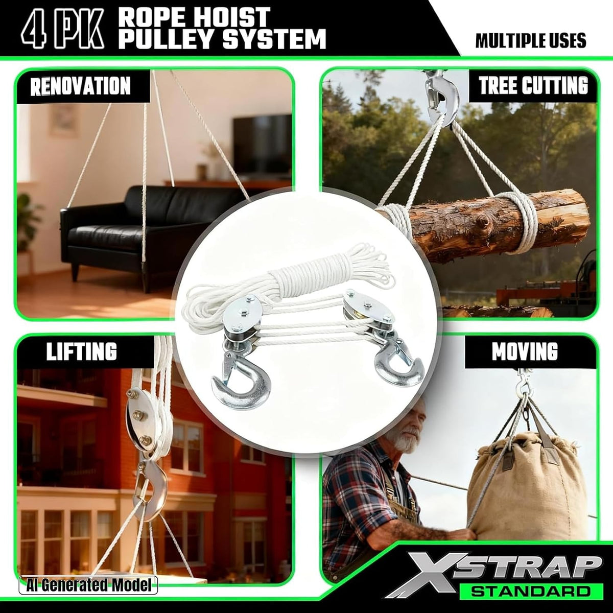 AHLT0001-White Heavy-Duty 50 FT Rope Hoist, 2,000 LB Breaking Strength 1000lbs Work Load, Metal Wheel Bearing Block And Tackle Pulley System for Lifting Heavy Objects, Includes 2 Soft Loops, White
