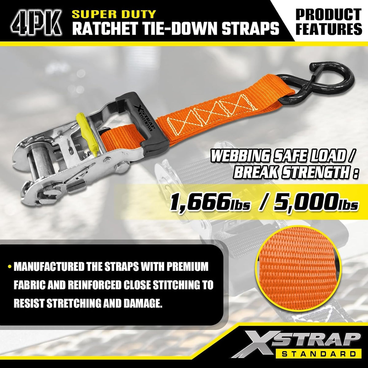 XS61690 Super Duty Ratchet Tie Down Straps, 4-Pack 1.5" x 15ft 5000 Lbs Breaking Strength with Safety S-Hooks & 4 of 17" Soft Loops, Black Cargo Straps for Motorcycle, ATV, UTV and Trucks