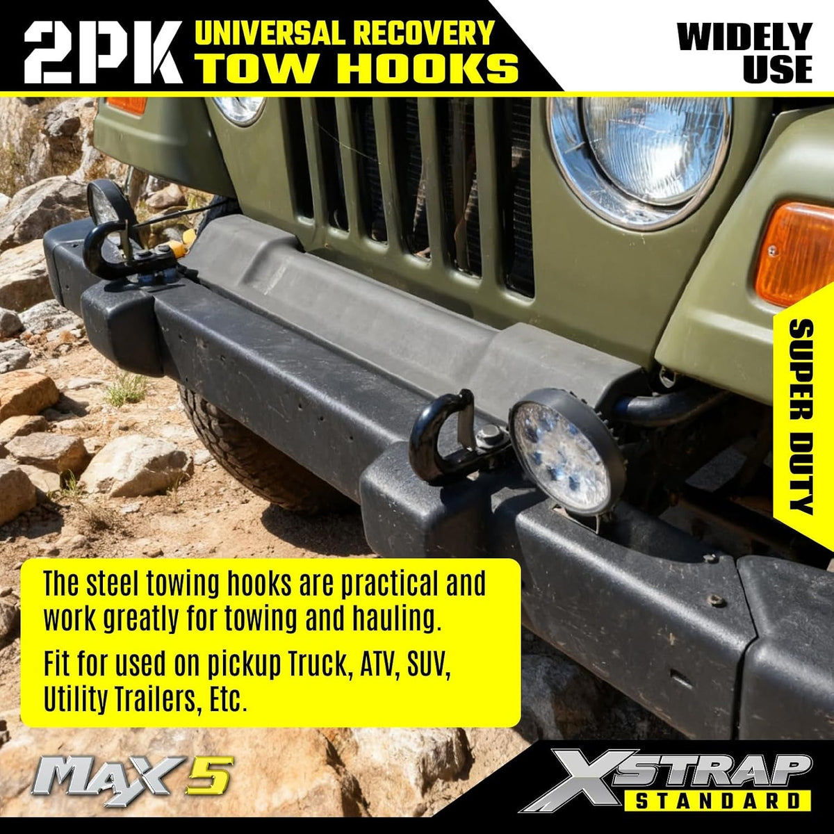 0366 2PK Universal Recovery Tow Hooks with Spring Clip 10000LBS Bolt-On Black Forged Steel Tow Hooks Compatible with Clip Compatible with Most Pickup Truck, SUV, Van, Towing Accessories