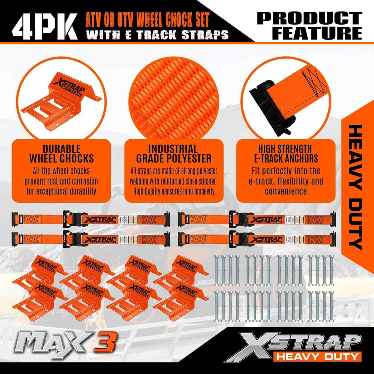 X61897 Wheel Chock E-Track Tie Down Straps Kit, 4-Pack, 2" x 9FT 4,400lb Break Strength Over-The-Tire 4 Ratchet Straps with 8 Steel Wheel Chocks for ATV, UTV, Mower, Four Wheeler & Trailer