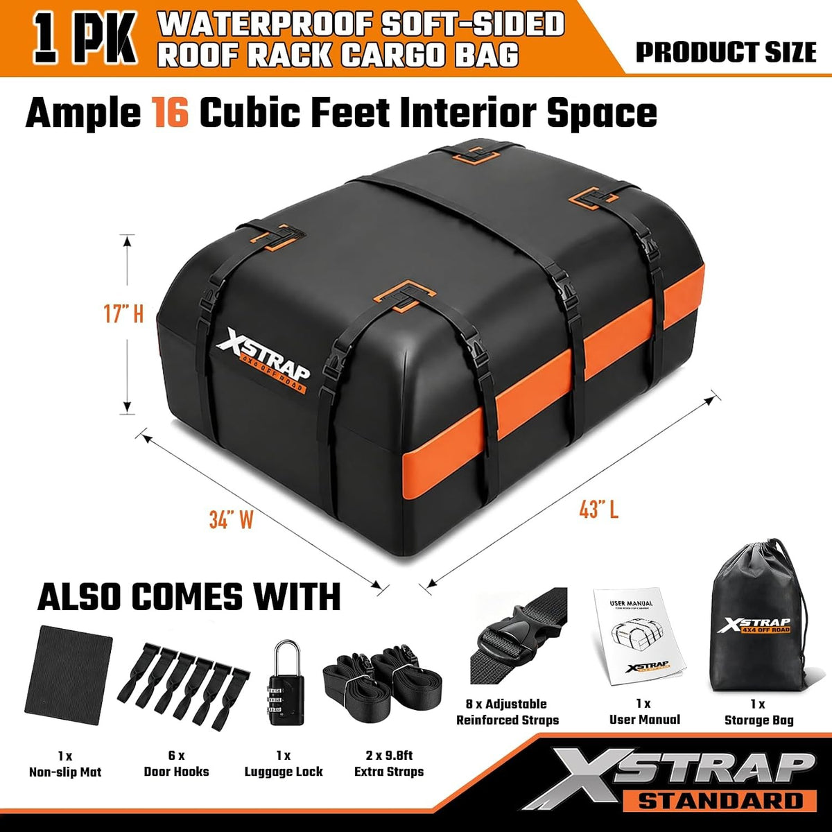 16 Cubic Feet Car Rooftop Luggage Carrier Bag, Orange Weather-Resistant 840D Car Roof Bag for SUVs Sedans with/without Rack, Anti-Slip Mat, 6-Door Hooks, 2-Extra Straps, Lock44309-orange