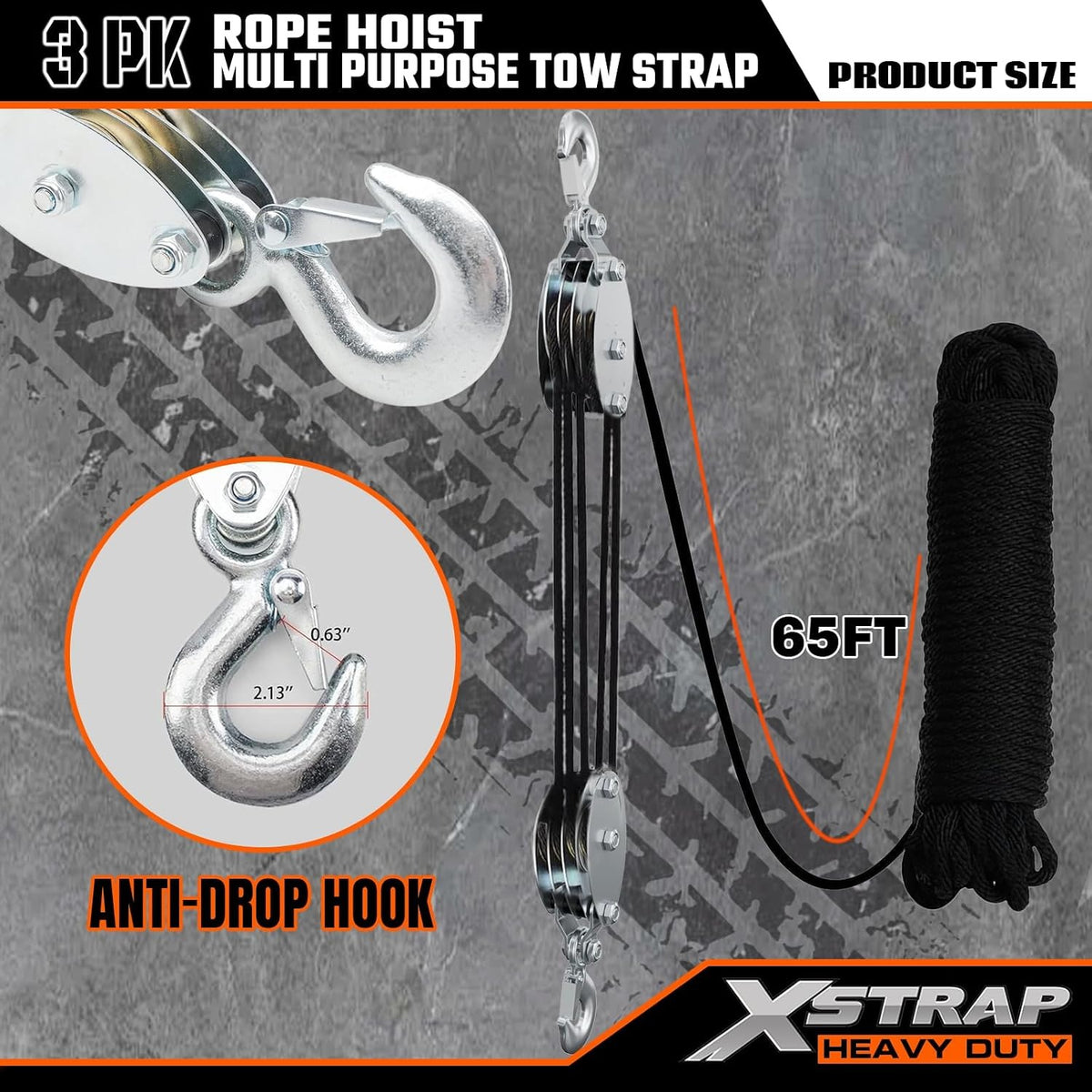 AHLT0002-Black 65FT Rope Hoist 4000Lbs Break w/2PK 8FT Lift Sling Black 4000Lbs Break Strength, Rust-proof block & tackle hoist, UV-resistant polyester sling, safety hooks, for garage & hunting