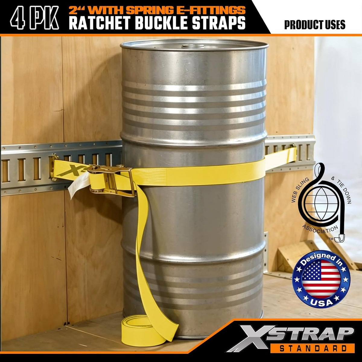4-PK 2" x 12' E-Track Heavy Duty Ratchet Tie Down Straps 4,400lbs Break Strength (yellow)63431