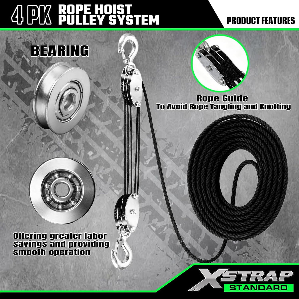 AHLT0001 Heavy-Duty 2,000 LB Breaking Strength 50 FT Rope Hoist 1000Lbs work load, metal wheel bearing pulley for lifting heavy objects, includes 2 soft loops, heavy-duty rope hoist (Black)