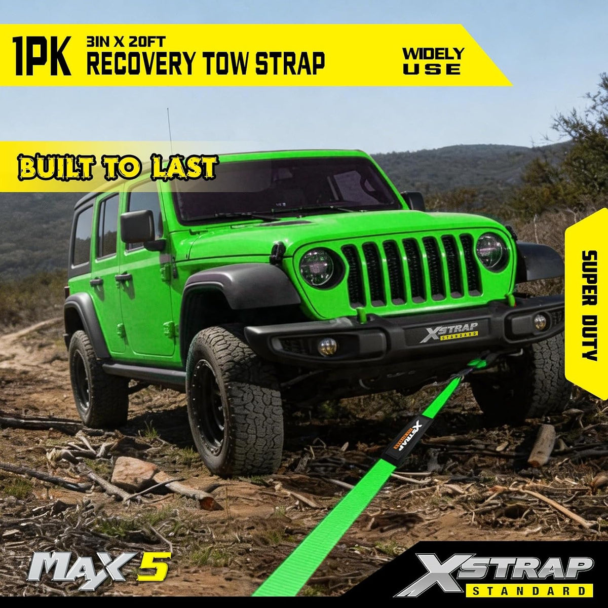 XS61934 Heavy Duty 3" x 20ft Recovery Snatch Truck Tow Strap 30000 Lb Break Strength, Abrasion Sleeve & Triple Reinforced Loops, Emergency Towing Strap for Off-Road, SUV and Jeep