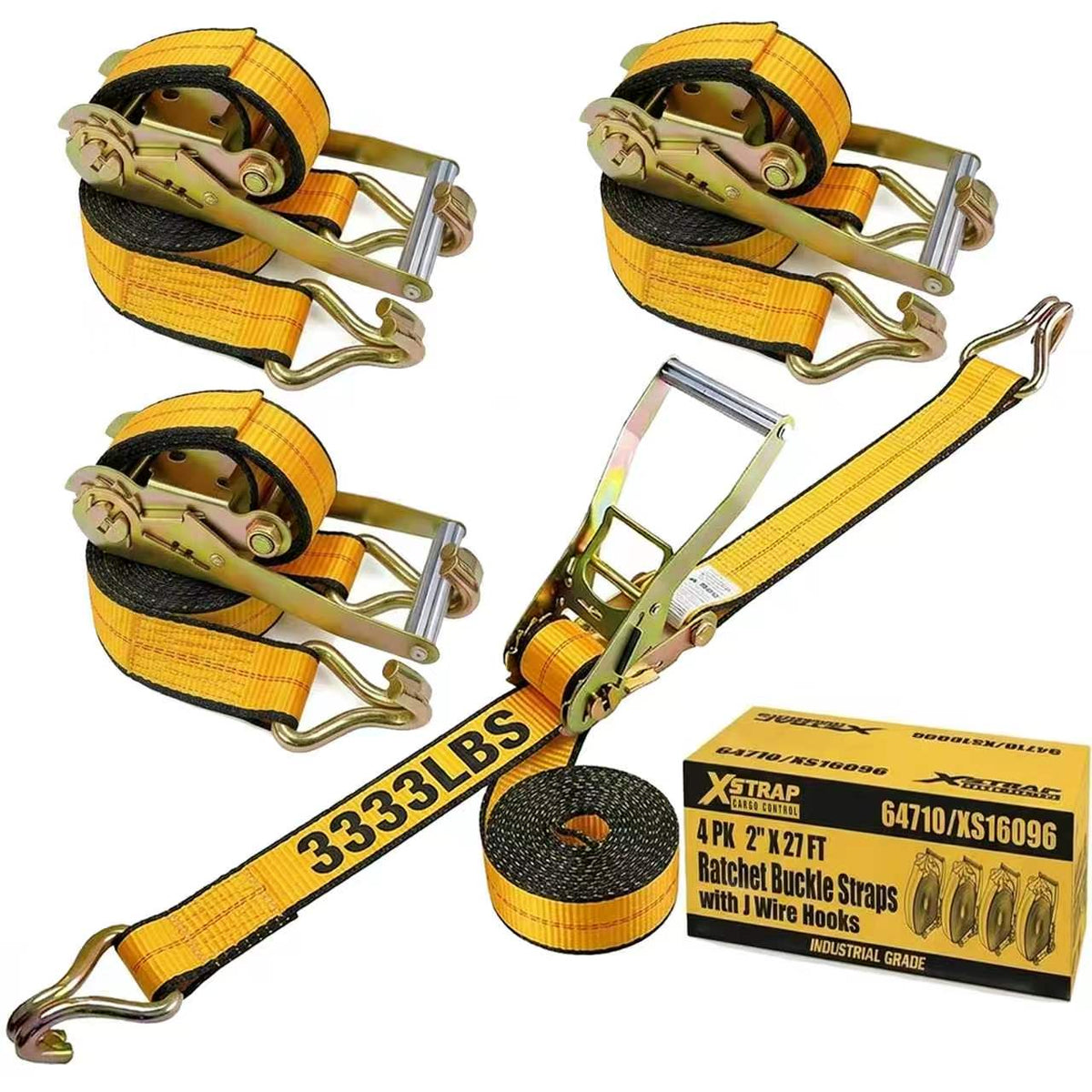 4PK Heavy Duty Ratchet Tie Down Straps 2" x 27' 10,000lbs WIth D J Hooks XS16096