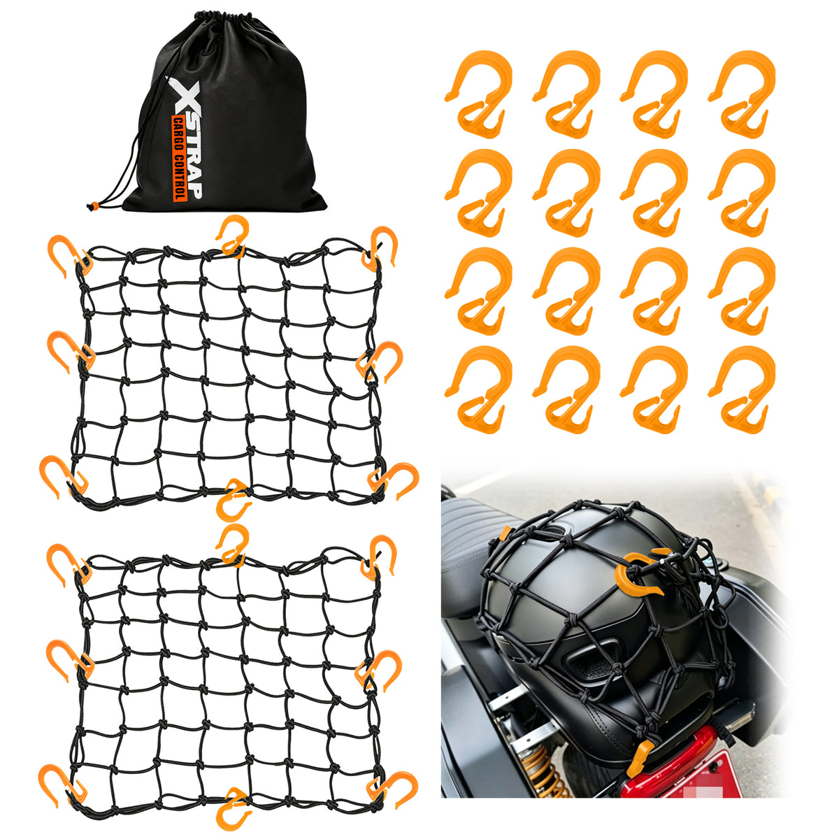 XS63560 2 Pack 15"x15" Motorcycle Cargo Nets with 16 Adjustable Hooks ﻿ Stretches up to 30"X30", 2"X2" Small Mesh Gear Helmet Net, Orange Hooks for Motorcycle, Bike, ATV and Luggage Rack