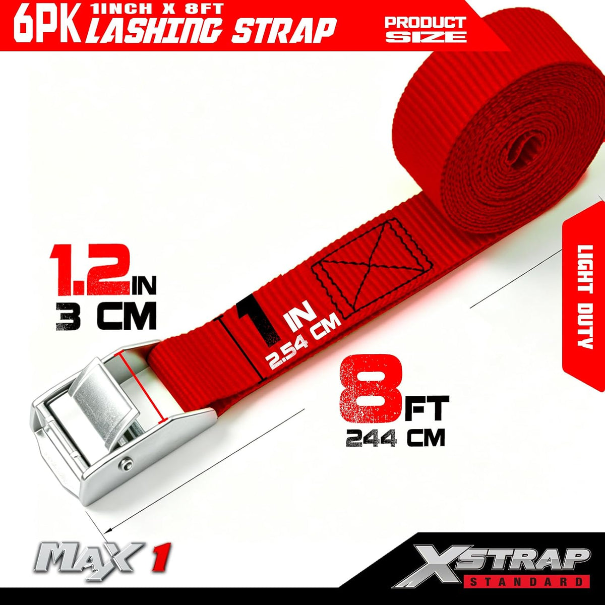 XS16006-Red 6PK 8FT Cam Buckle Lashing Straps, Cargo Tie-Down Straps 1000 lb Break Strength 1-inch Powersports Tie Down with Carry Bag for Securing Luggage Motorcycles Trailer Rack Kayak, Green
