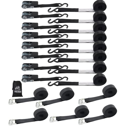 Ratchet Tie Down Straps 8PK 1'' x 10 ft - 900 LB Break Strength and 6PK 8FT Cam Buckle Lashing Straps Powersports Tie-Downs 1-Inch with Carry Bag - product image 2