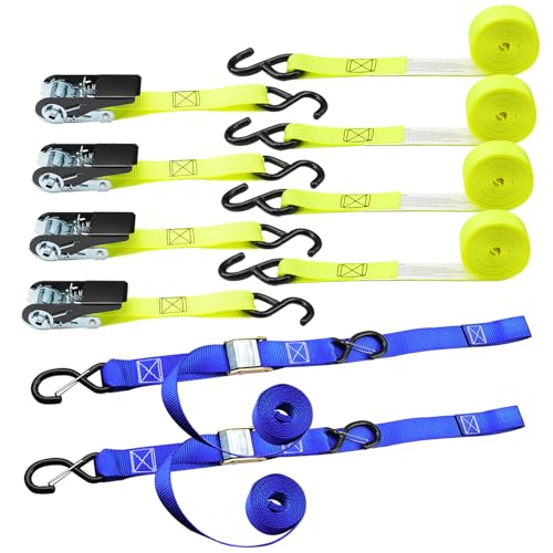 2pk Motorcycle Tie Down Straps 3,000lb Break Strength, 1.5 in X 8FT Heavy-Duty Cambuckle Tie Down Set with S Hook and Soft Loops & 4 Pk Ratchet Tie Do - product image 2