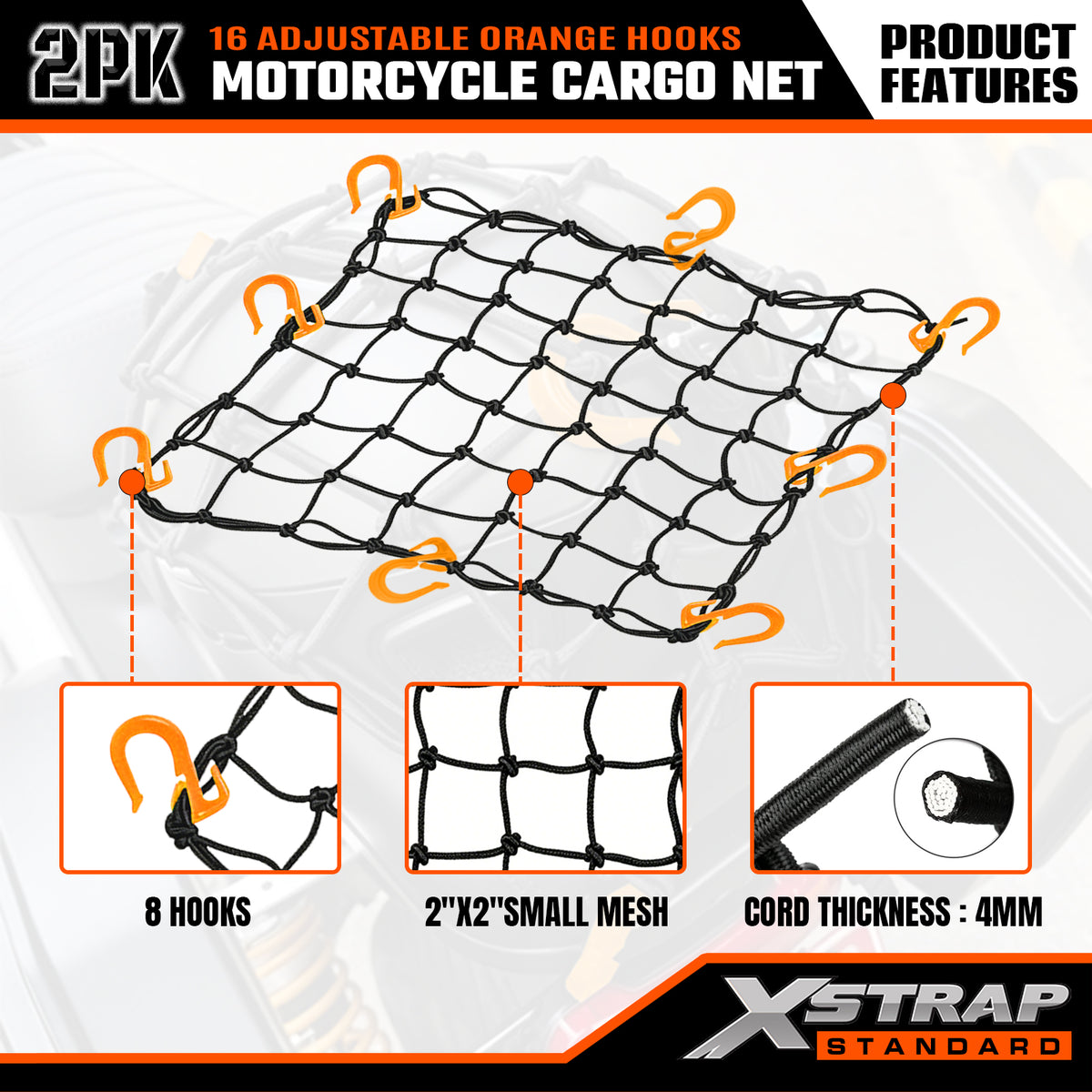 XS63560 2 Pack 15"x15" Motorcycle Cargo Nets with 16 Adjustable Hooks ﻿ Stretches up to 30"X30", 2"X2" Small Mesh Gear Helmet Net, Orange Hooks for Motorcycle, Bike, ATV and Luggage Rack