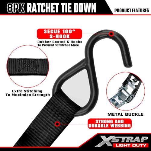 Ratchet Tie Down Straps 8PK 1'' x 10 ft - 900 LB Break Strength, Soft Loop Tie-Down Straps - 8PK 1-1/16 x 18 inches - 3600LB Breaking Strength - product image 8