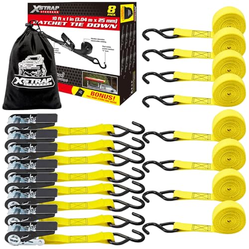 Ratchet Tie Down Straps - 8PK - 1'' x 10 ft - 900 LB Break Strength Cargo Straps +4 Pk - 1'' x 15 Ft - 630 Lbs Load Cap Ratchet Tie Down Straps with L - product image 3
