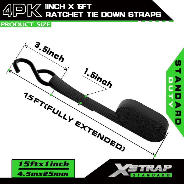 4 Pack 1" x 15FT Ratchet Tie Down Straps, Motorcycle Straps - product image 6