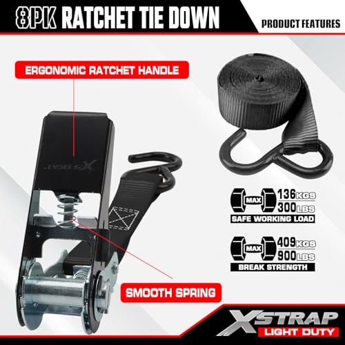 8-PK Ratchet Tie Down Straps, 1" x 10FT Cargo Straps, Black