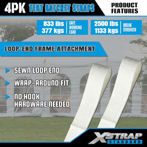 4PK 1" × 12' Ratchet Tent Straps w/Loop End Tie Down Strap - product image 5