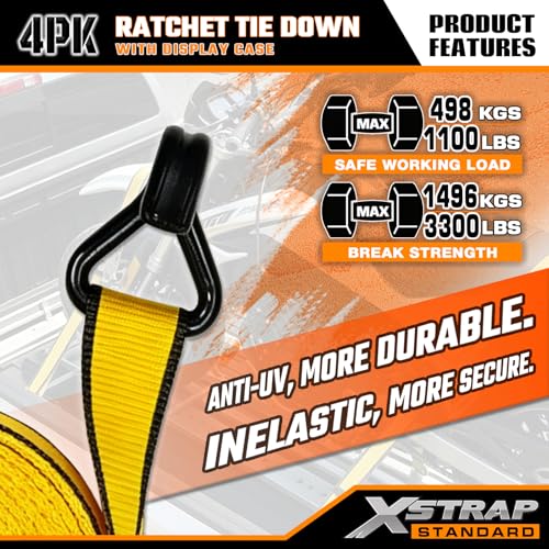 4-Pack Heavy Duty 1.5" x 16ft Ratchet Tie Down Cargo Straps