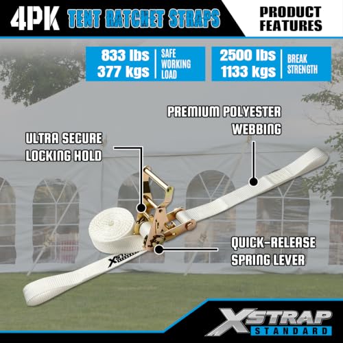 4PK 1" × 12' Ratchet Tent Straps w/Loop End Tie Down Strap - product image 4