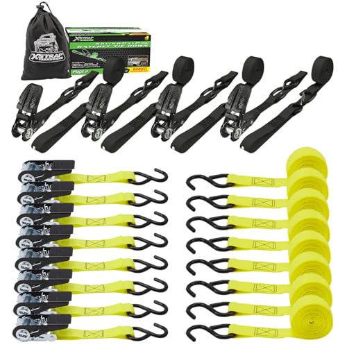 Ratchet Tie Down Straps - 8PK - 1'' x 10 ft - 900 LB Break Strength Cargo Straps +4 Pk - 1'' x 15 Ft - 630 Lbs Load Cap Ratchet Tie Down Straps with L - product image 2