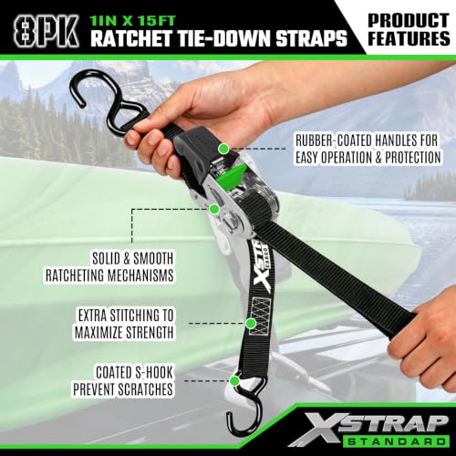 Ratchet Straps Motorcycle Tie Downs, 8-Pack 1" x 15FT Black - product image 4