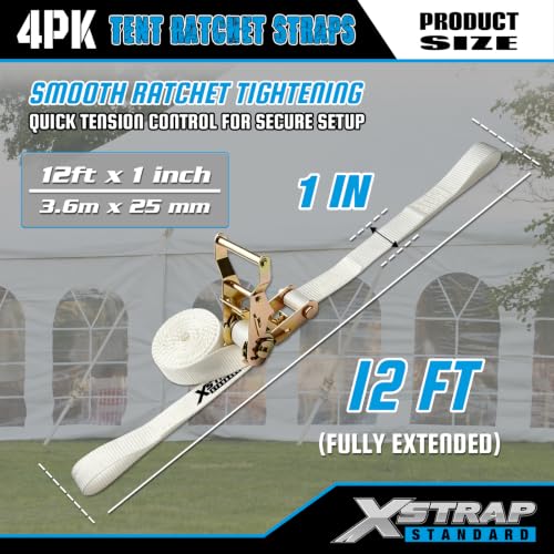 4PK 1" × 12' Ratchet Tent Straps w/Loop End Tie Down Strap - product image 6
