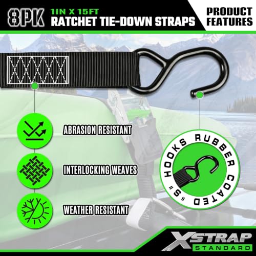Ratchet Straps Motorcycle Tie Downs, 8-Pack 1" x 15FT Black - product image 5