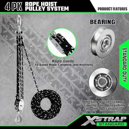 Heavy-Duty 50 FT Reflective Rope Hoist Pulley System, Black