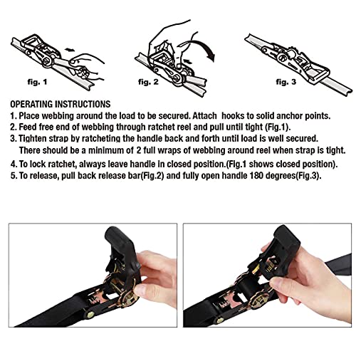 Ratchet Tie Down Straps - 4 Pk - 1'' x 15 Ft Cargo Straps + Cam Buckle Straps 6PK 8FT Powersports Tie-Downs 1-Inch - product image 2