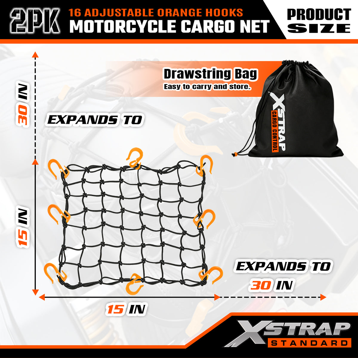 XS63560 2 Pack 15"x15" Motorcycle Cargo Nets with 16 Adjustable Hooks ﻿ Stretches up to 30"X30", 2"X2" Small Mesh Gear Helmet Net, Orange Hooks for Motorcycle, Bike, ATV and Luggage Rack