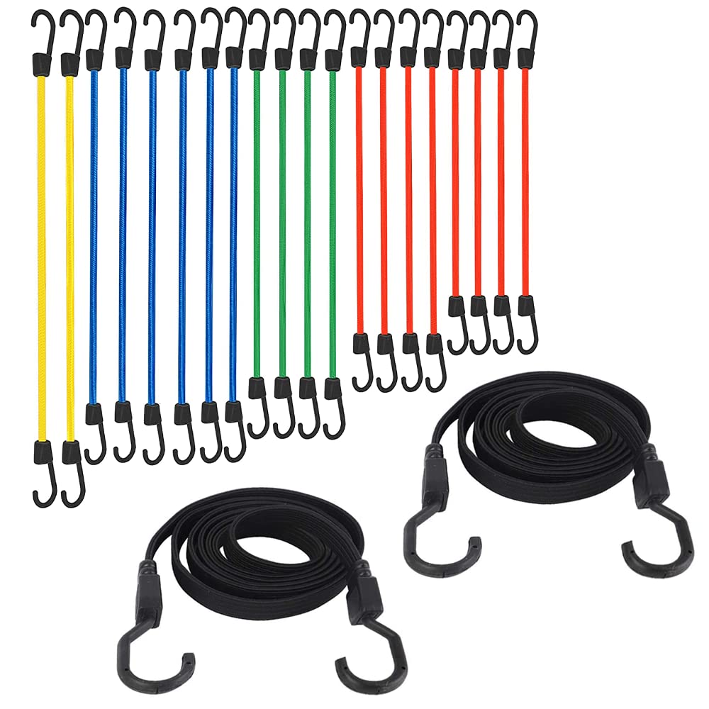 20 Pieces Premium Bungee Cords Assortment - Includes 20”, 24”, 30”, 35”, 40” Bungee Cords with Hooks + 2PK 77 Inch Flat Bungee Cord