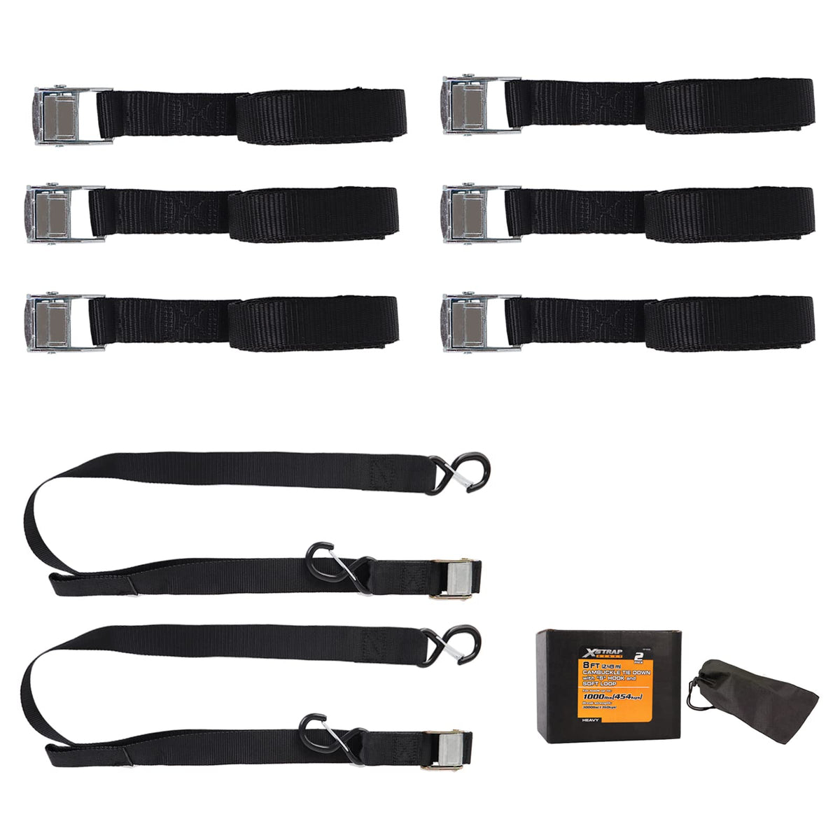 Cam Buckle Straps 6PK 8FT Powersports Tie-Downs 1-Inch Black + 2pk Motorcycle Tie Down Straps 3,000lb Break Strength, 5.5FT Cambuckle Tie Down Set wit