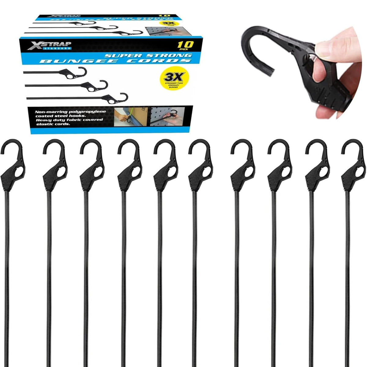10PK 32-inch Heavy Duty Bungee Cords with Finger-Hole Hooks
