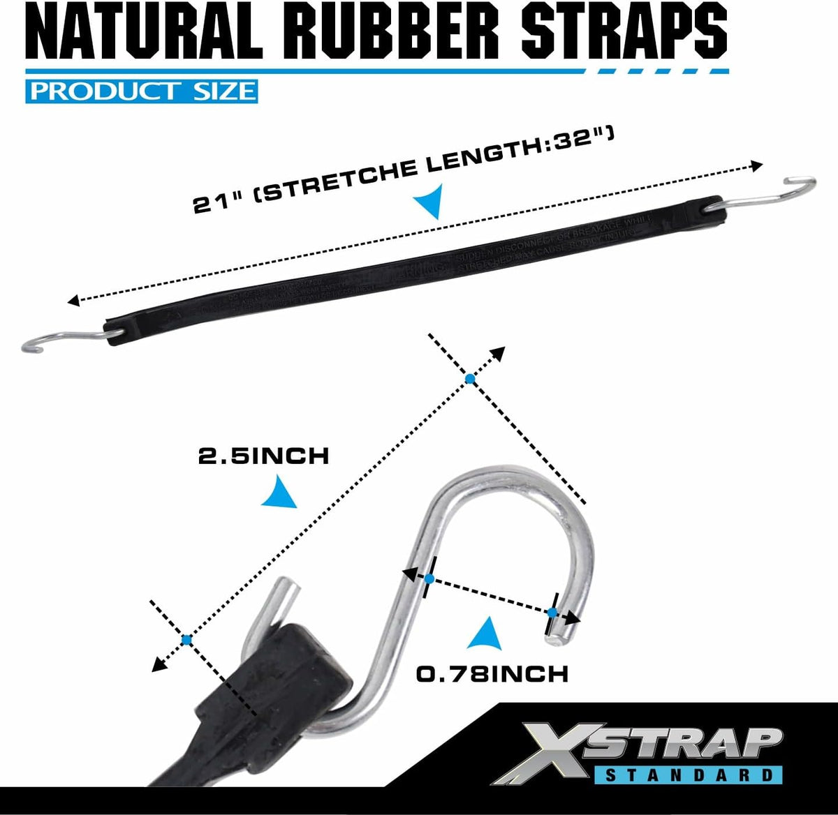 XS35003 20PK 100% EPDM Bungee Cords 21" Natural Rubber Tarp Straps Weatherproof Heavy Duty Elastic Tie Downs with Metal Crimped S Hooks for Securing Flatbed Trailers, Camping, Canvases, Cargo