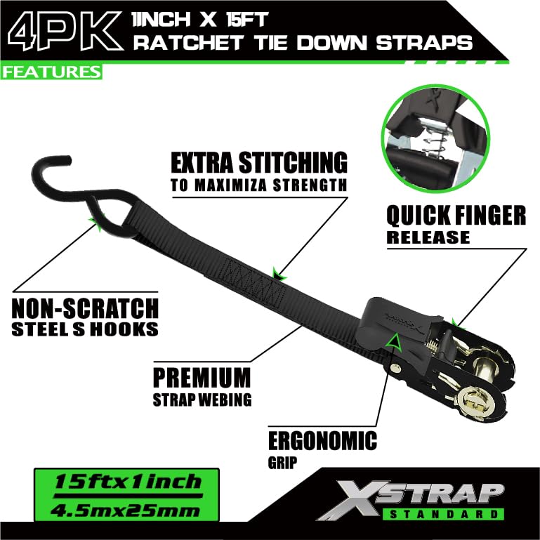 4 Pack 1" x 15FT Ratchet Tie Down Straps, Motorcycle Straps