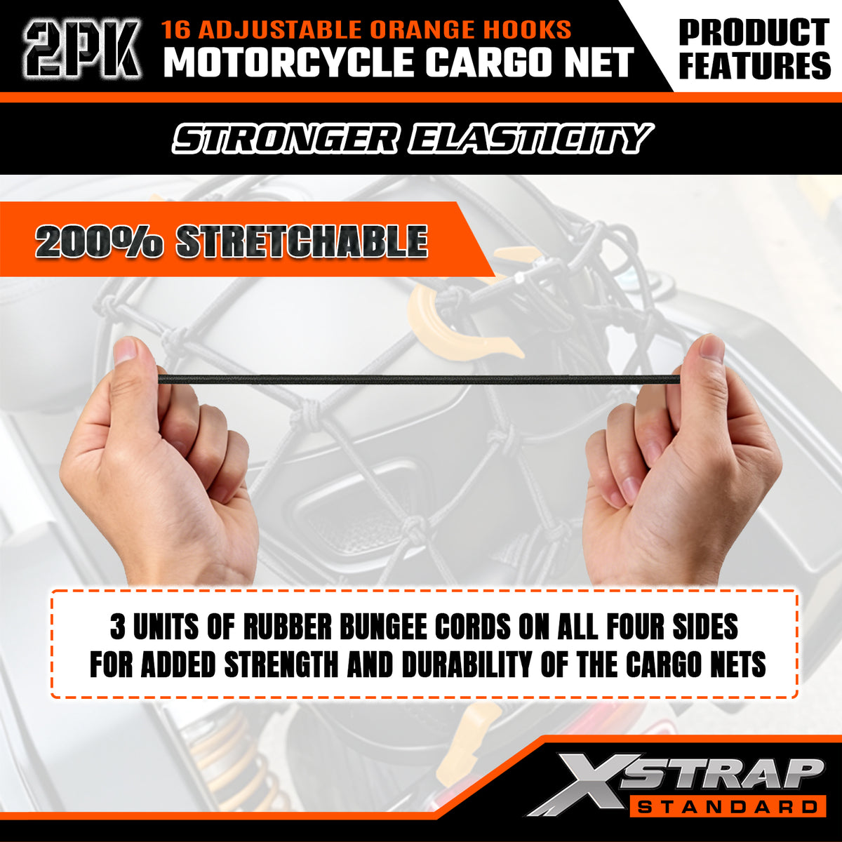 XS63560 2 Pack 15"x15" Motorcycle Cargo Nets with 16 Adjustable Hooks ﻿ Stretches up to 30"X30", 2"X2" Small Mesh Gear Helmet Net, Orange Hooks for Motorcycle, Bike, ATV and Luggage Rack