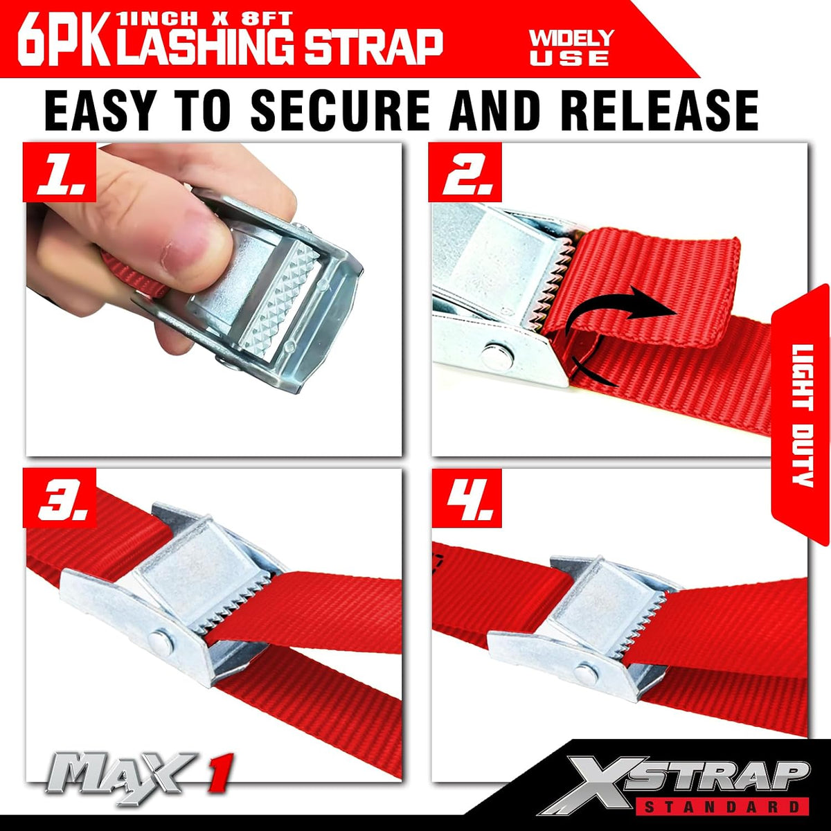 XS16006-Red 6PK 8FT Cam Buckle Lashing Straps, Cargo Tie-Down Straps 1000 lb Break Strength 1-inch Powersports Tie Down with Carry Bag for Securing Luggage Motorcycles Trailer Rack Kayak, Green