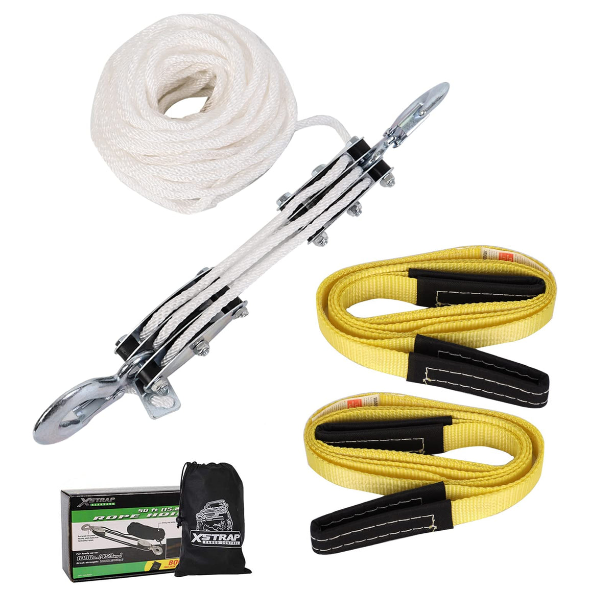Heavy-Duty 2,000 LB Breaking Strength 50 FT Rope Hoist + 2PK 1''x8' Lift Sling Web Strap/Wear Guard End