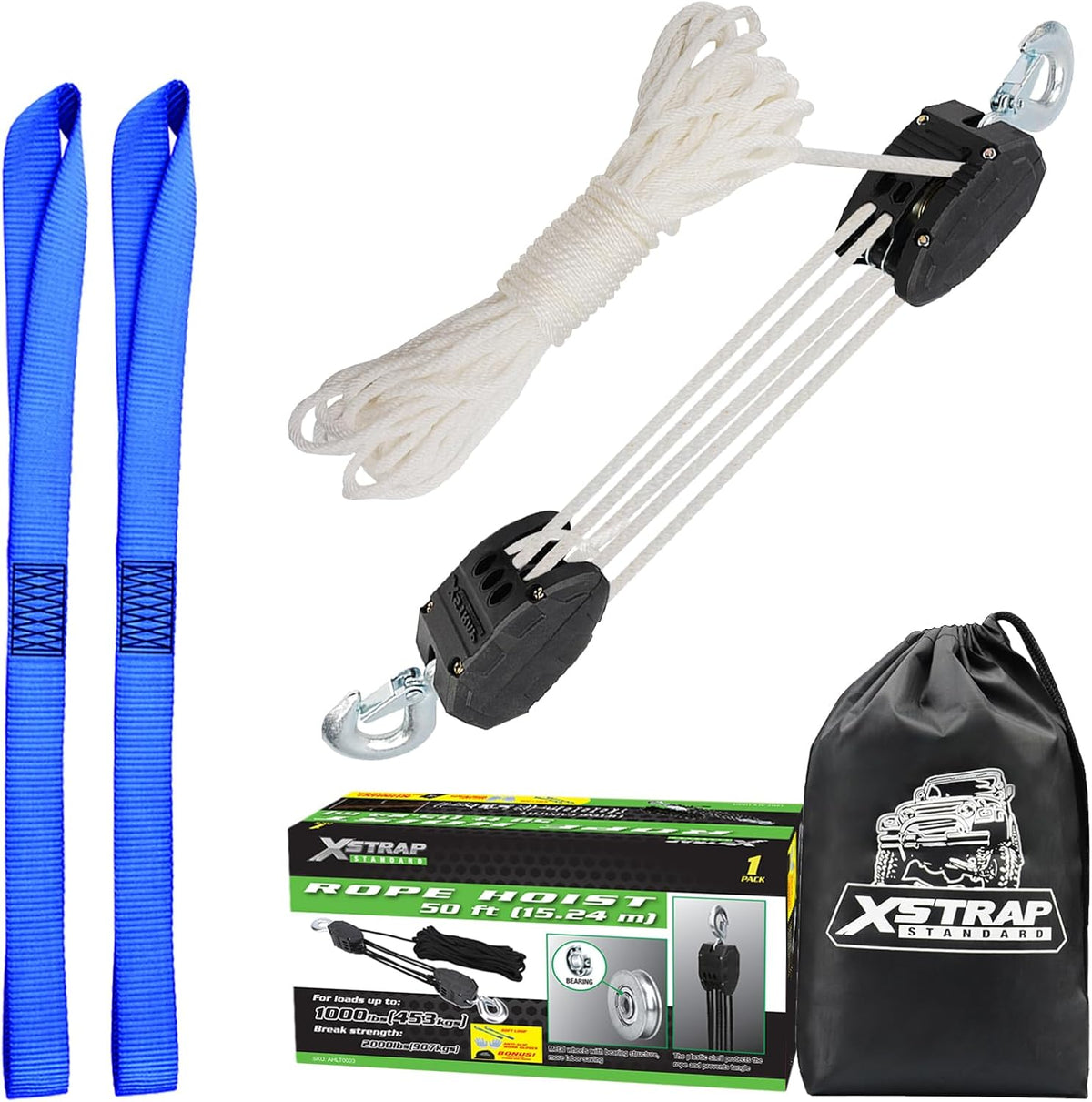 AHLT0003-White-1 Heavy-Duty 50 FT Reflective Rope Hoist Pulley System, White Metal Wheels Bearing 2000 LB Breaking Strength Block and Tackle Pulley System for Lifting Heavy Objects, with 2pcs Soft Loops