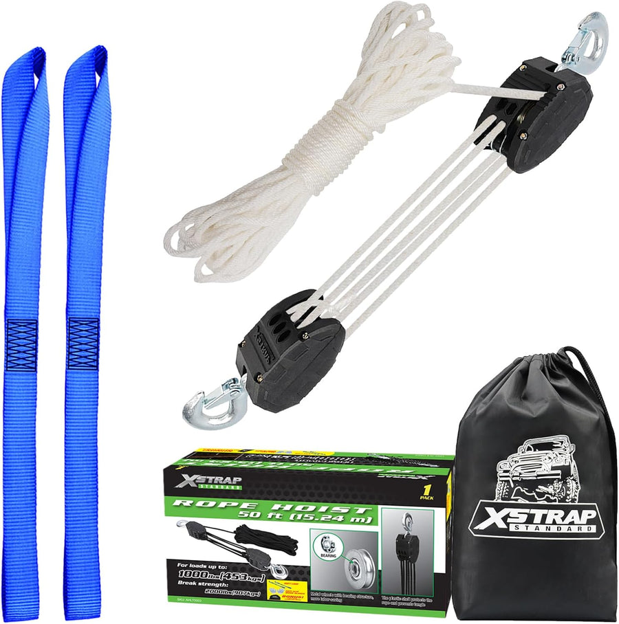 AHLT0003-White-1 Heavy-Duty 50 FT Reflective Rope Hoist Pulley System, White Metal Wheels Bearing 2000 LB Breaking Strength Block and Tackle Pulley System for Lifting Heavy Objects, with 2pcs Soft Loops