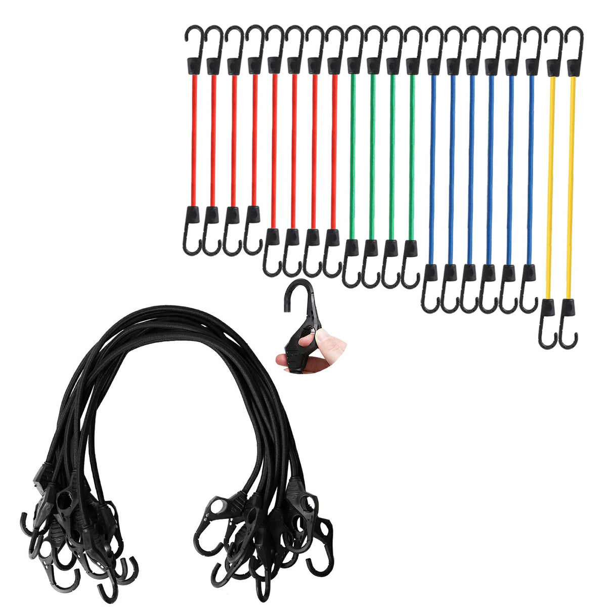 20 Pieces Premium Bungee Cords Assortment - Includes 20”, 24”, 30”, 35”, 40” Bungee Cords with Hooks + Heavy Duty Bungee Cords 10PK 32-Inch Finger-Hol