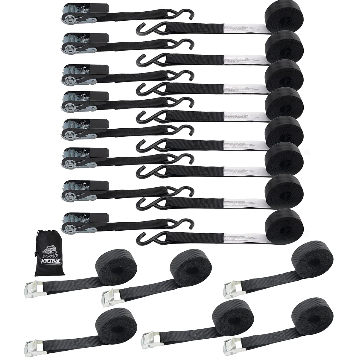 Ratchet Tie Down Straps 8PK 1'' x 10 ft - 900 LB Break Strength and 6PK 8FT Cam Buckle Lashing Straps Powersports Tie-Downs 1-Inch with Carry Bag