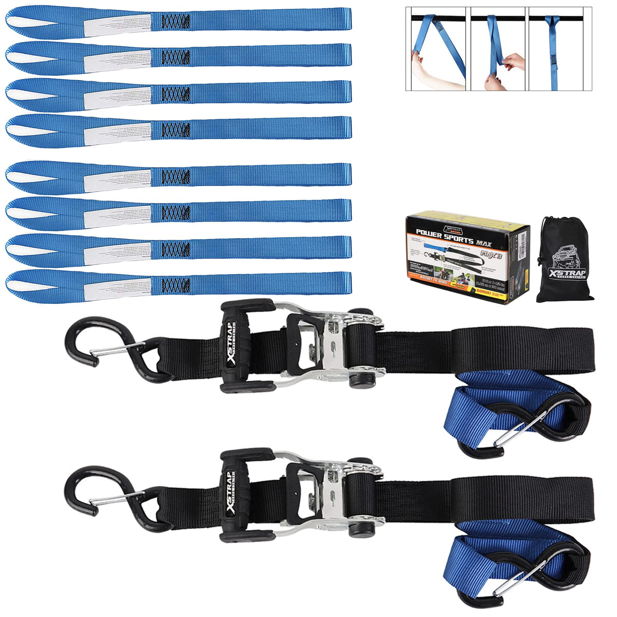 2Pk Heavy Duty Motorcycle Ratchet Tie Down Straps, 1.5" x 6' Safety Clip Hooks & Soft Loops + 8PK 1-1/16 x 18 inches Soft Loop Tie-Down Straps
