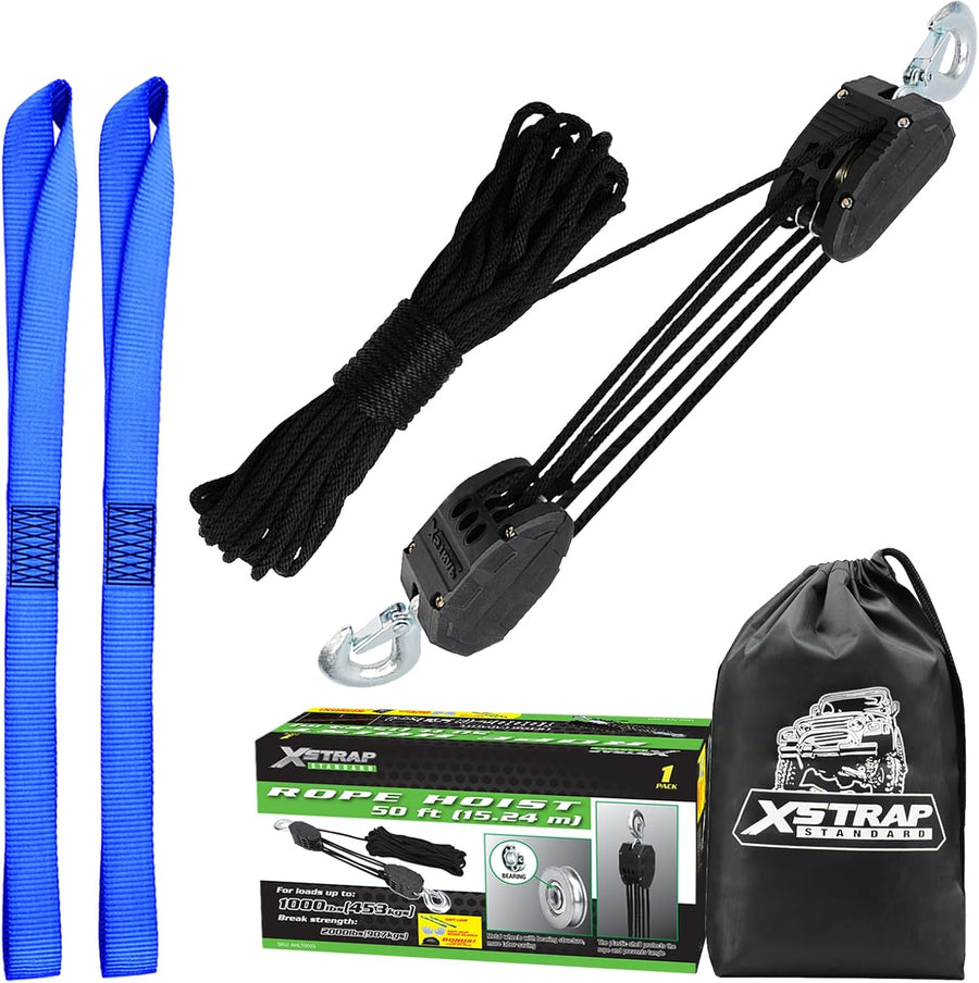 AHLT0003-Black-1 Heavy-Duty 50 FT Rope Hoist Pulley System w/Metal Bearing 2000Lbs break strength, 1 ton block & tackle pulley, 5:1 advantage, includes 2PK 18" soft loops, heavy-duty rope hoist, Black