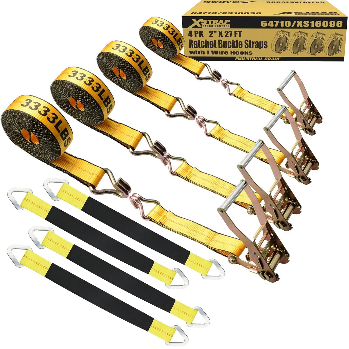 4 PK 2" x 27FT Ratchet Straps + 36" x 2" Axle Straps