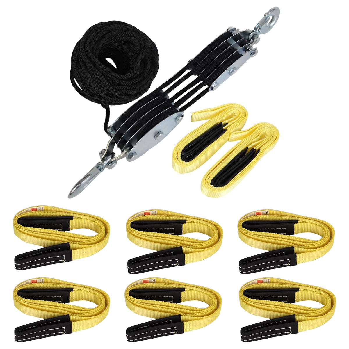 Heavy-Duty 4,000 LB Breaking Strength 65 FT Rope Hoist with 2PK 8 FT Lift Sling + 6PK 8FT Lift Sling Web Strap/Wear Guard End